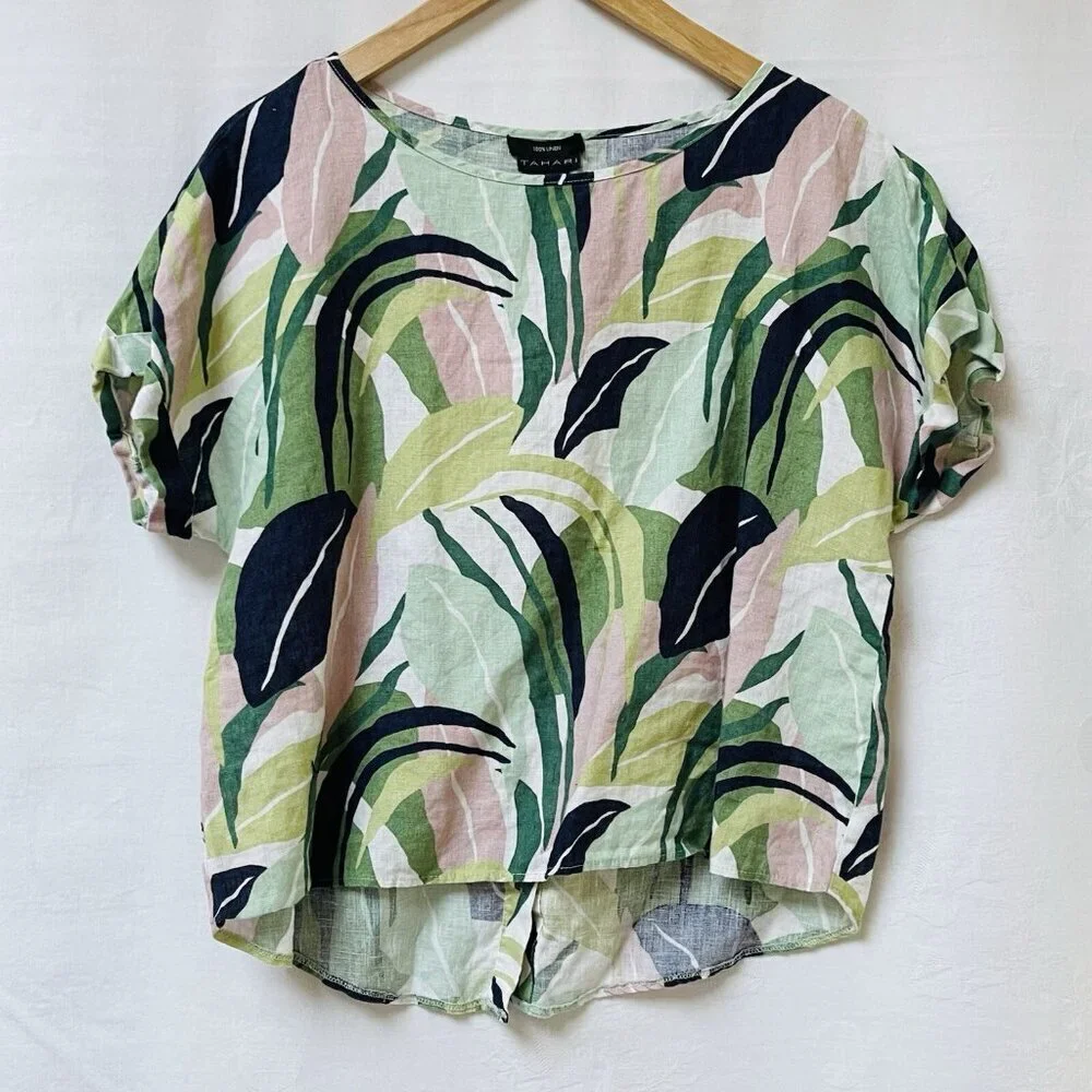 Tahari Short Cuff Sleeve 100% Linen Leaf Multicolor Print Blouse Womens Medium
